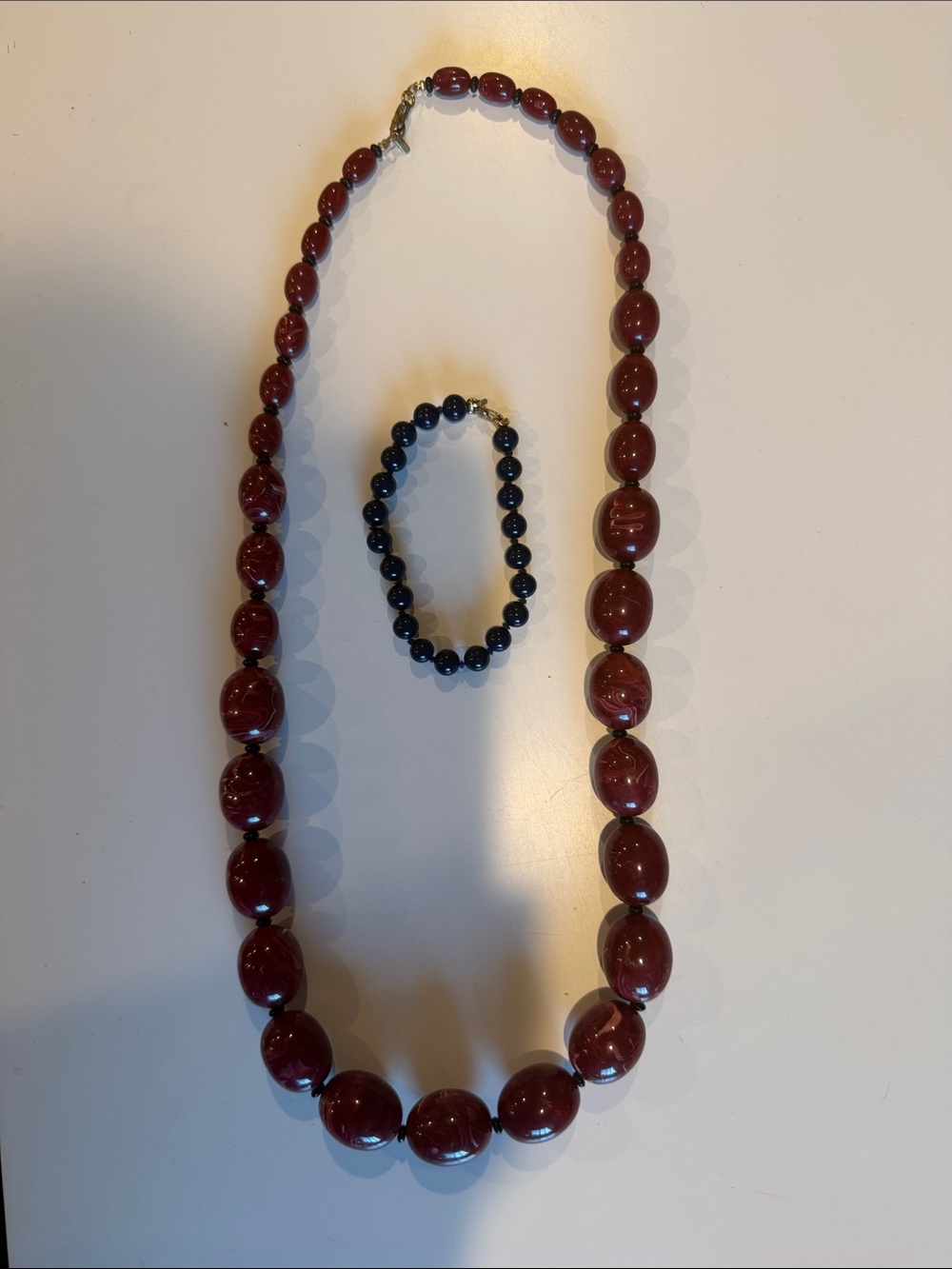 Large Monet Women's Beaded Necklace and Bracelet Set - Burgundy & midnight blue